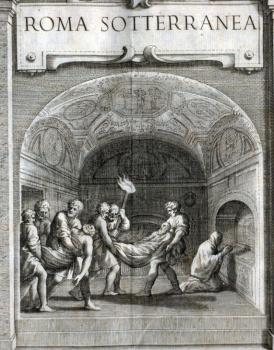 Detall del frontispici de Roma sotterranea (Roma, Gugliemo Facciotti, 1632), obra de l'eclesiàstic Antonio Bossio. Aquest raríssim llibre d'antiguitats cristianes conté més de mig miler de bellíssims gravats calcogràfics de marcat sabor renaixentista.